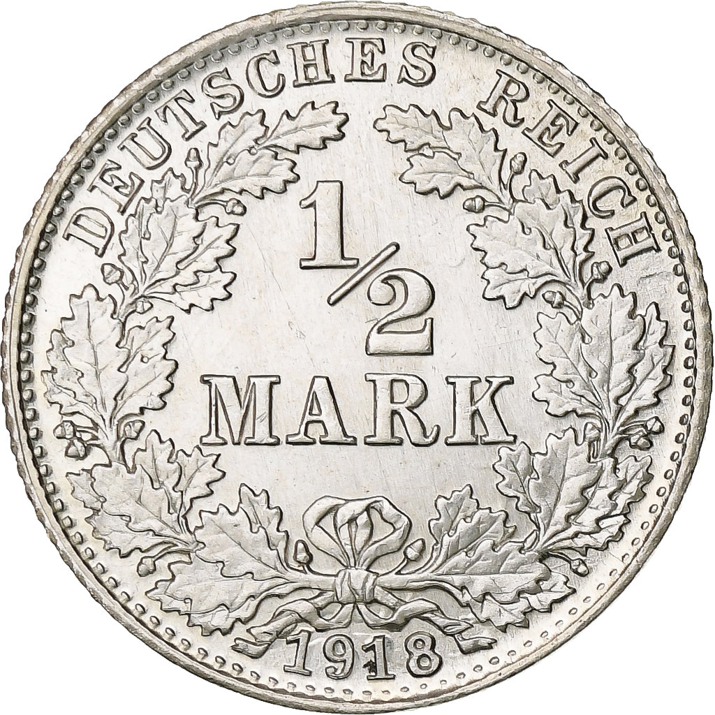 GERMANY - EMPIRE, 1/2 Mark, 1918, Munich, Silver, AU(55-58), KM:17