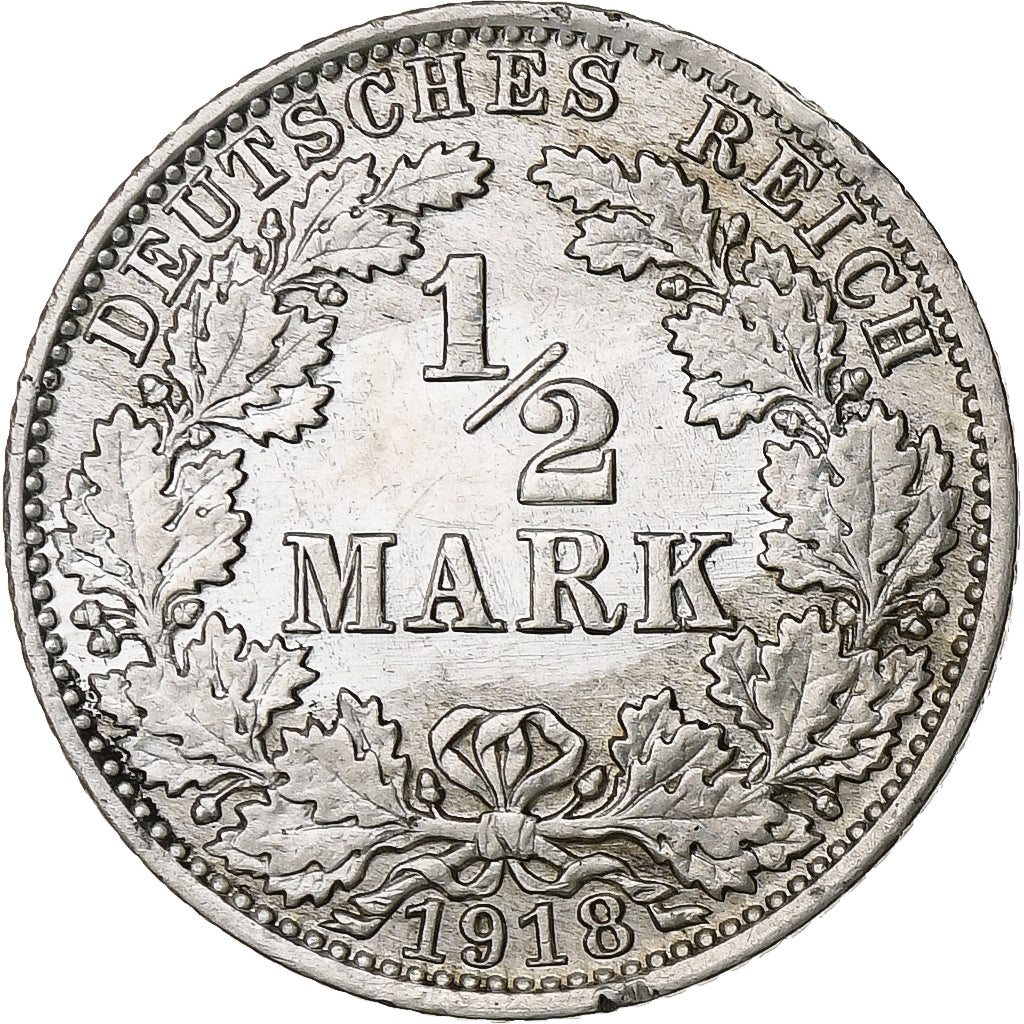 Coin, GERMANY - EMPIRE, 1/2 Mark, 1918, Berlin, MS(63), Silver, KM:17