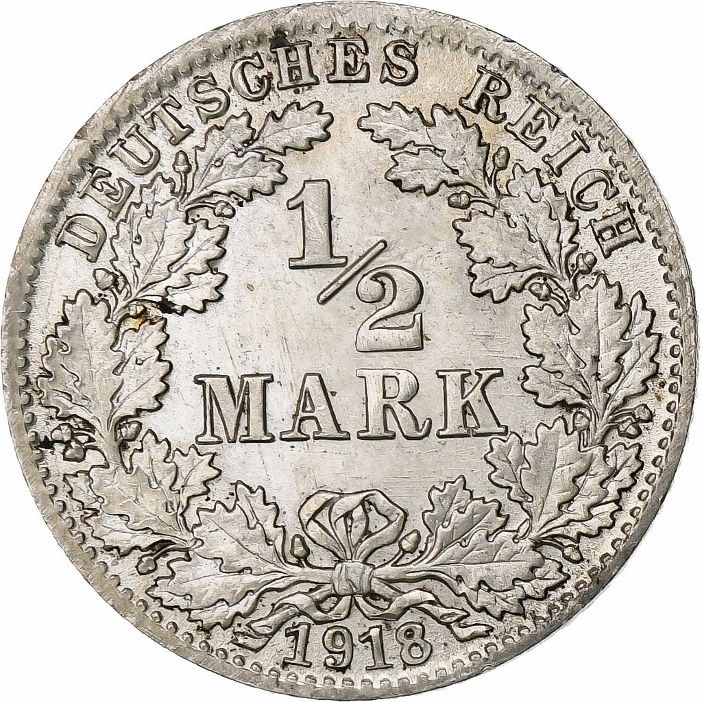 NIEMCY - IMPERIUM, 1/2 Mark, 1918, Munich, Srebro, AU(50-53), KM:17