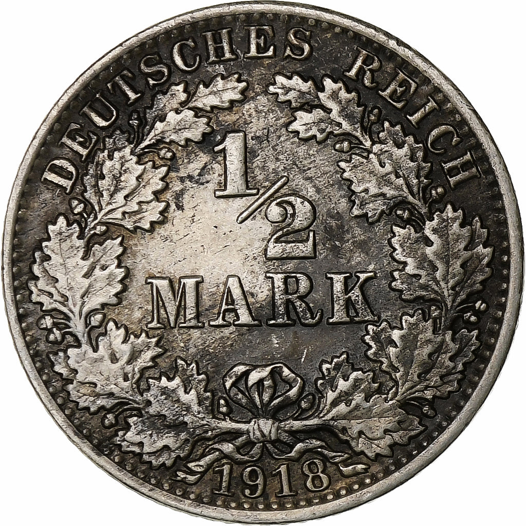 Coin, GERMANY - EMPIRE, 1/2 Mark, 1918, Berlin, MS(63), Silver, KM:17