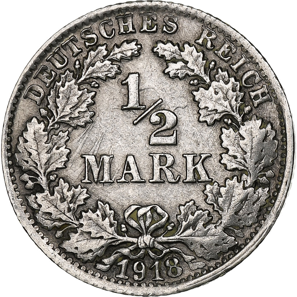GERMANY - EMPIRE, 1/2 Mark, 1918, Stuttgart, Silver, EF(40-45), KM:17