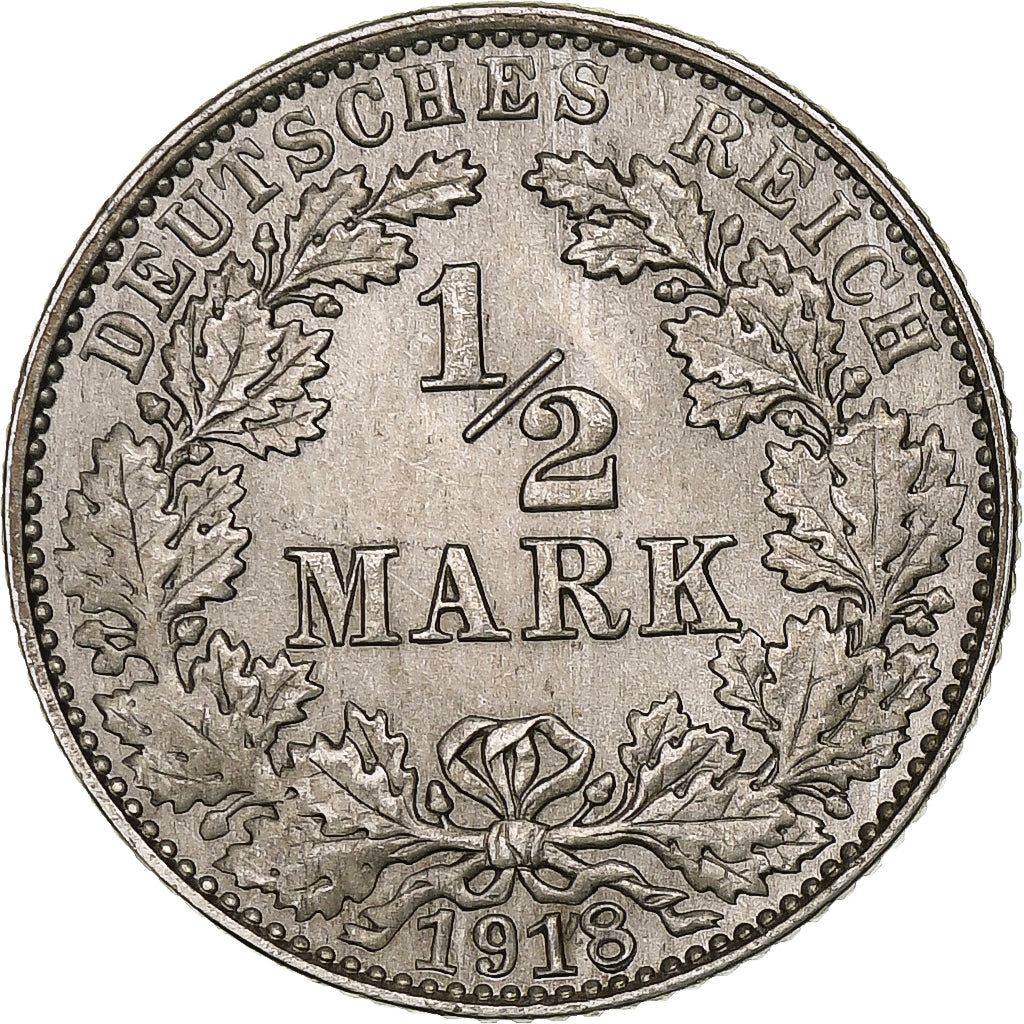 GERMANY - EMPIRE, 1/2 Mark, 1918, Muldenhütten, EF(40-45), Silver, KM:17