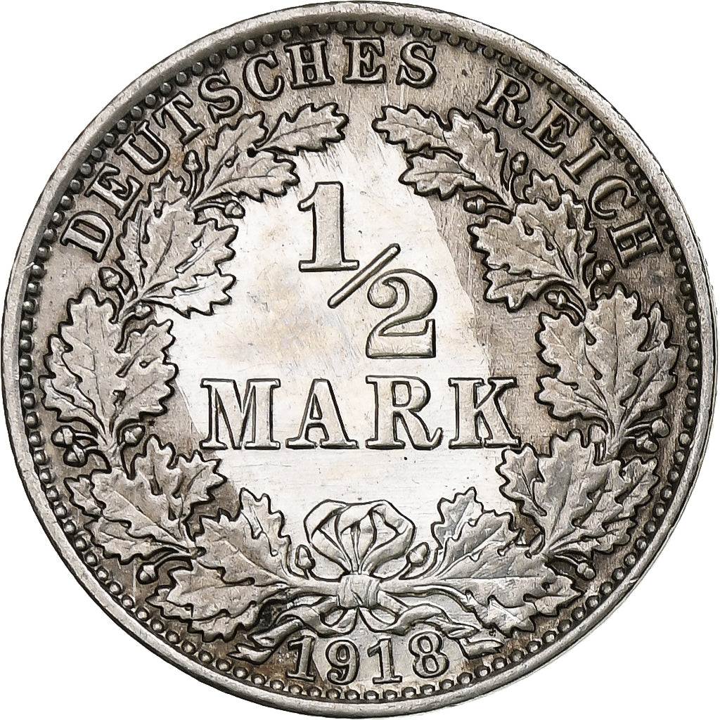 NIEMCY - IMPERIUM, 1/2 Mark, 1918, Berlin, Srebro, AU(50-53), KM:17