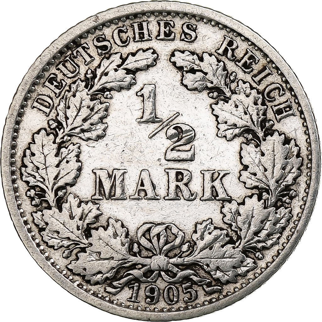 GERMANY - EMPIRE, 1/2 Mark, 1905, Stuttgart, Silver, EF(40-45)