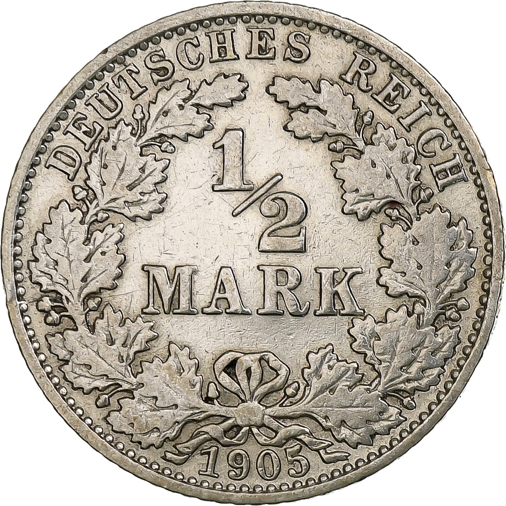 Coin, GERMANY - EMPIRE, 1/2 Mark, 1905, Muldenhütten, VF(30-35), Silver, KM:17