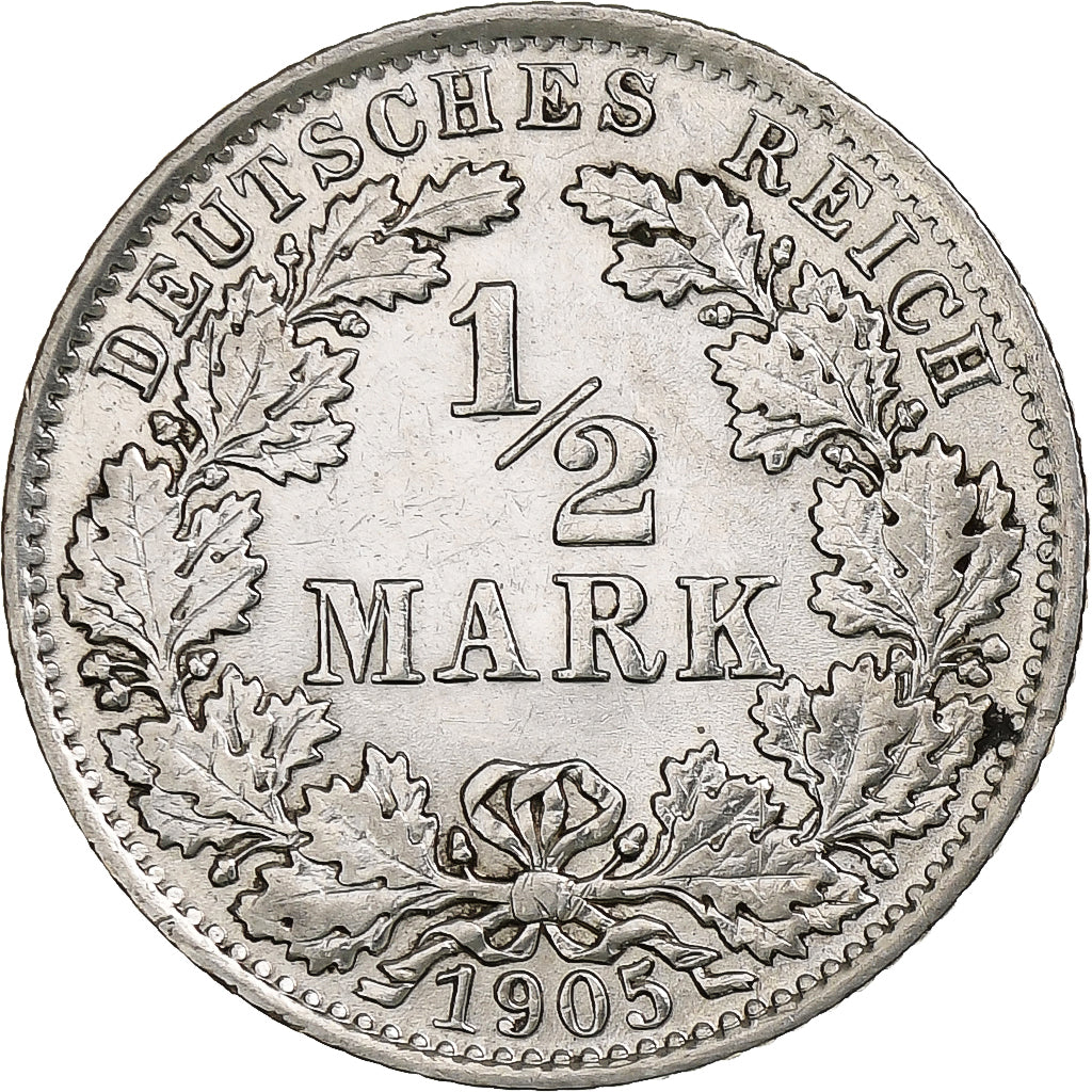 GERMANY - EMPIRE, 1/2 Mark, 1905, Muldenhütten, Silver, AU(55-58), KM:17