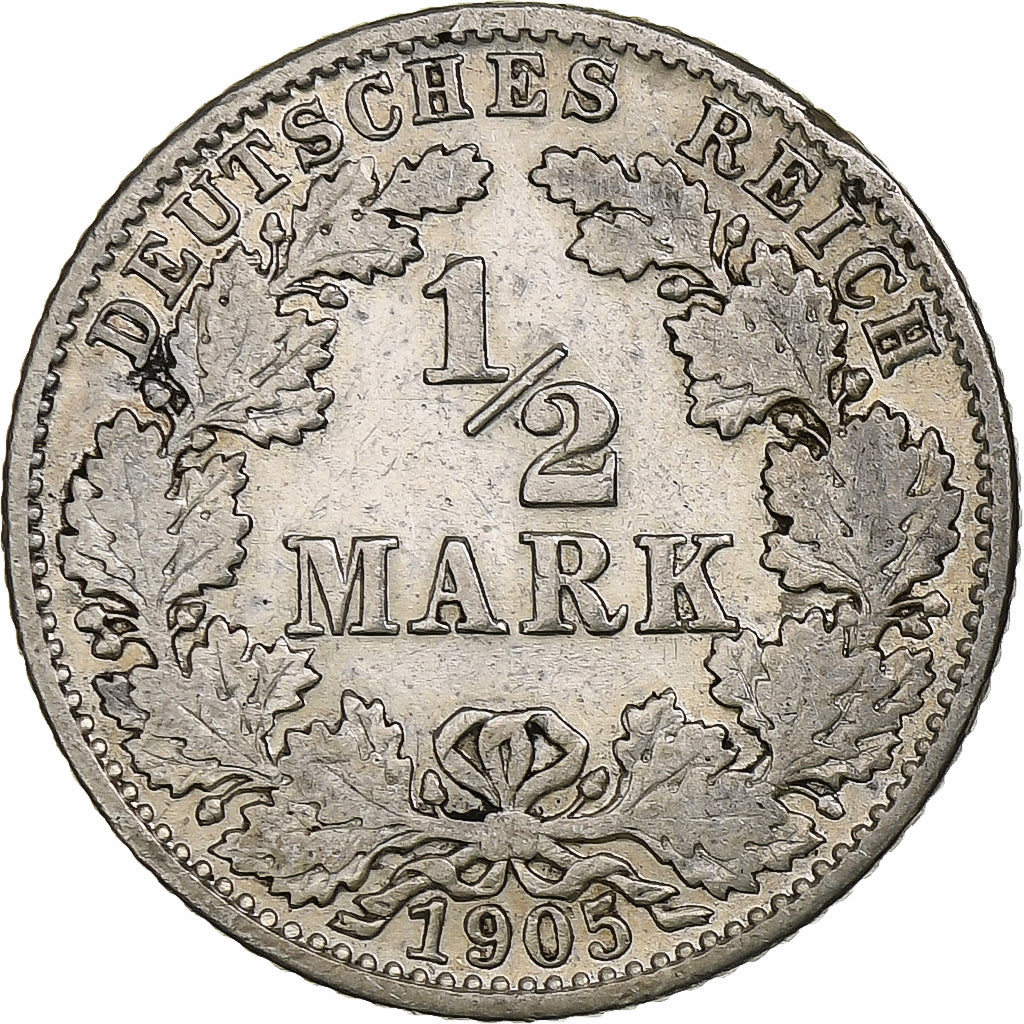Coin, GERMANY - EMPIRE, 1/2 Mark, 1905, Karlsruhe, VF(30-35), Silver, KM:17