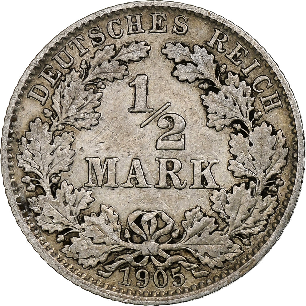 Coin, GERMANY - EMPIRE, 1/2 Mark, 1905, Munich, VF(30-35), Silver, KM:17