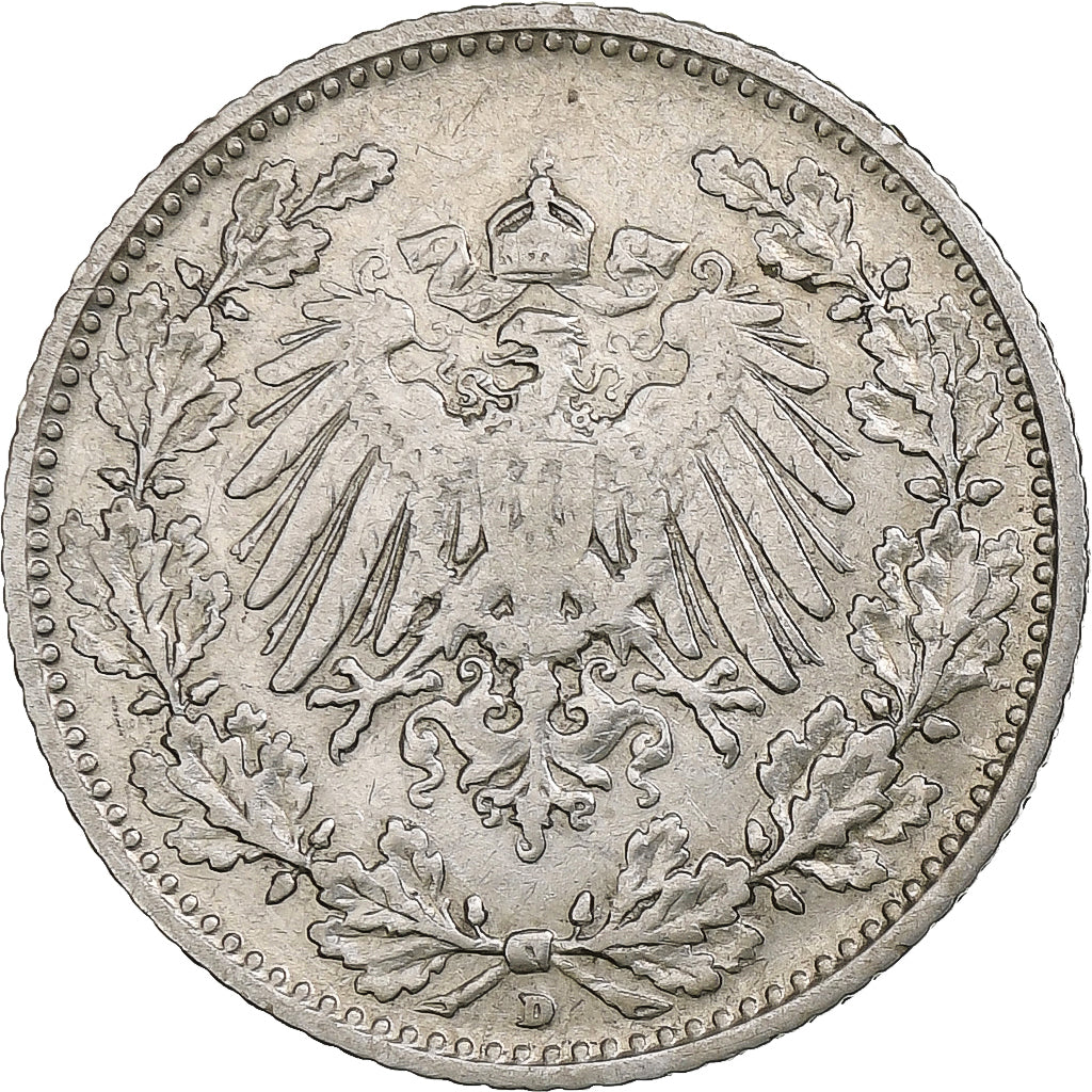 Coin, GERMANY - EMPIRE, 1/2 Mark, 1905, Munich, VF(30-35), Silver, KM:17