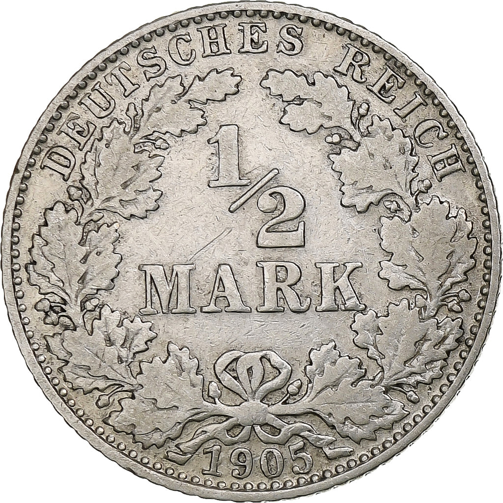 Coin, GERMANY - EMPIRE, 1/2 Mark, 1905, Munich, VF(30-35), Silver, KM:17