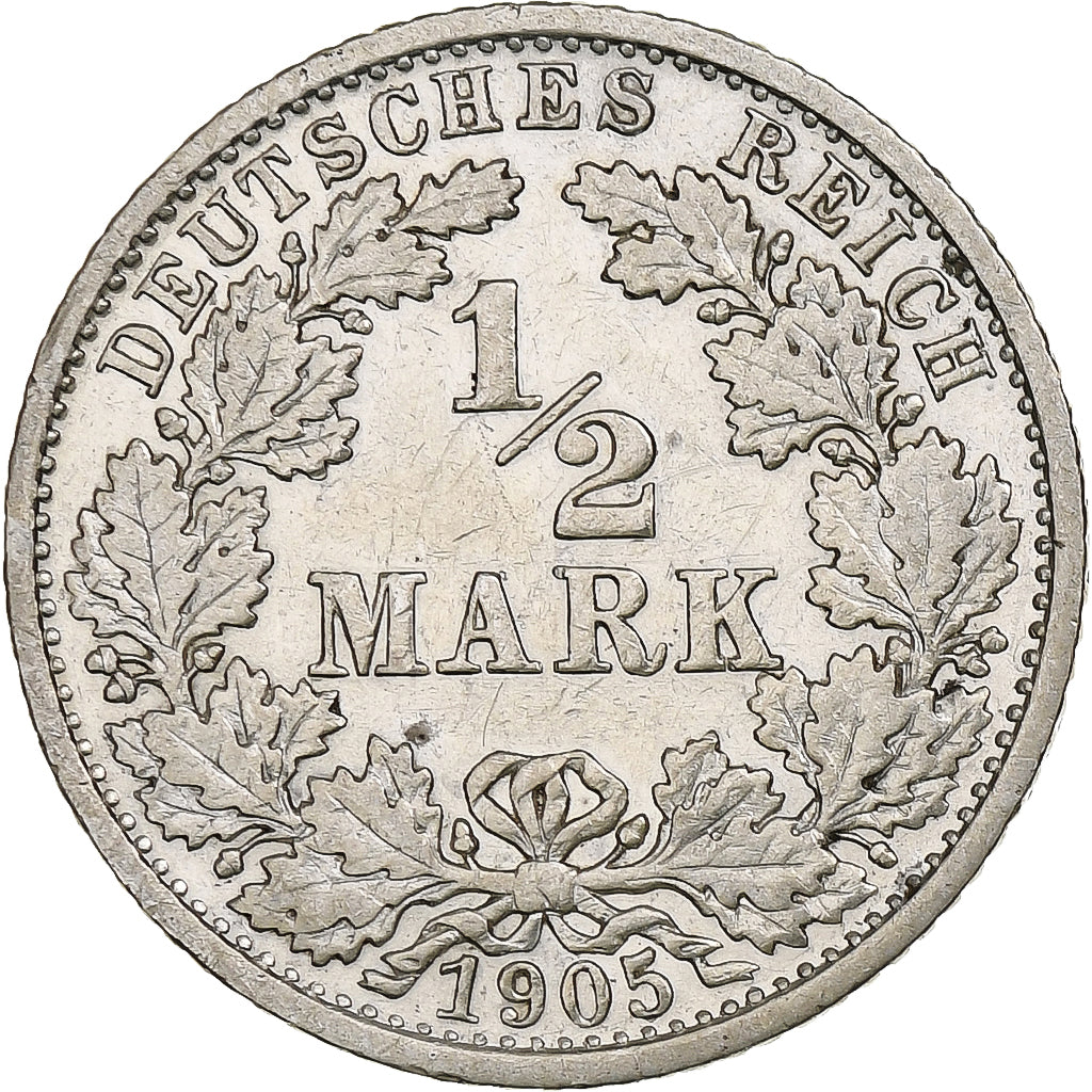 Coin, GERMANY - EMPIRE, 1/2 Mark, 1905, Stuttgart, EF(40-45), Silver, KM:17