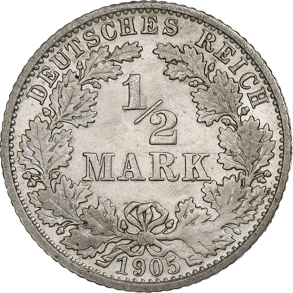 GERMANY - EMPIRE, 1/2 Mark, 1905, Stuttgart, Silver, AU(50-53), KM:17