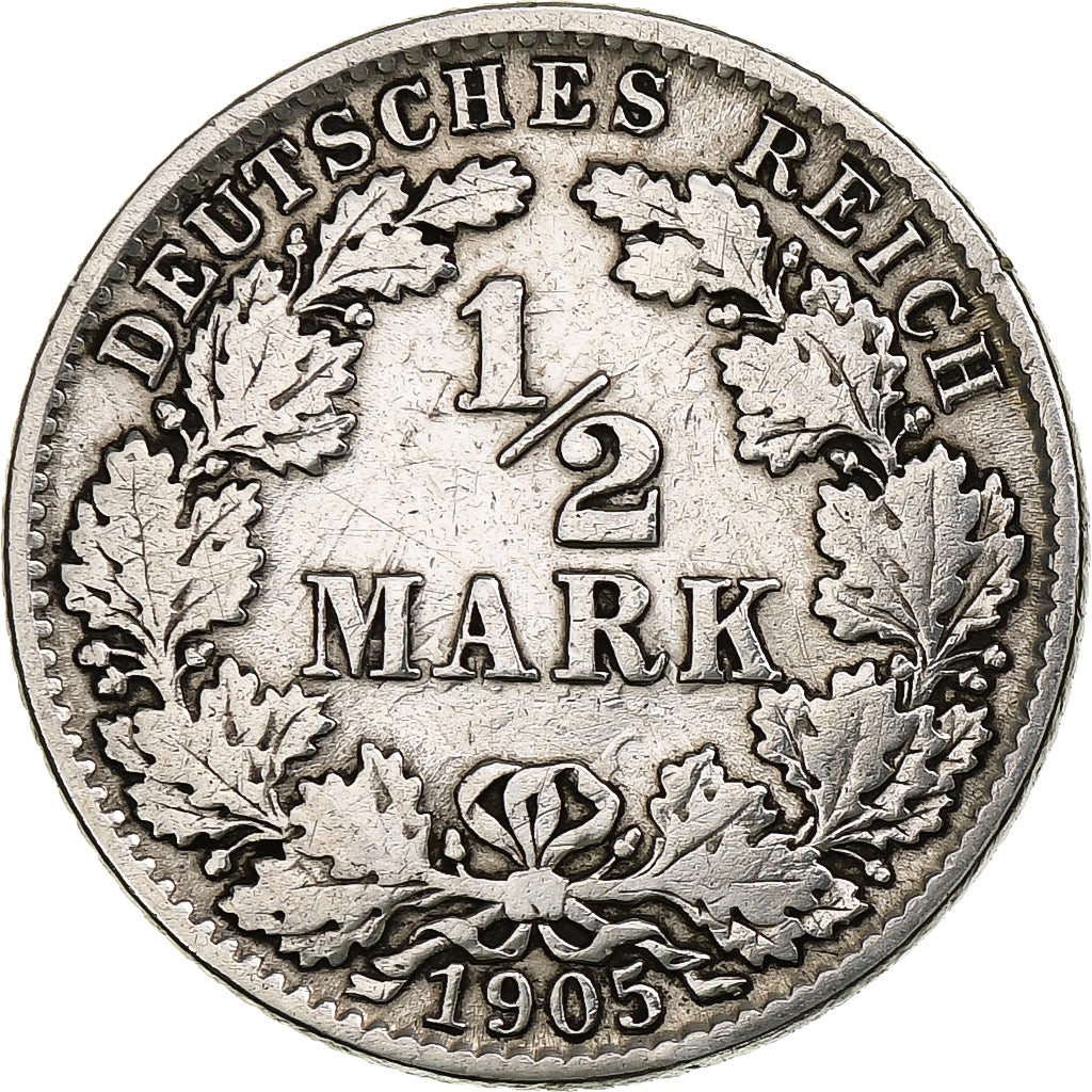 GERMANY - EMPIRE, 1/2 Mark, 1905, Hambourg, Silver, VF(30-35), KM:17