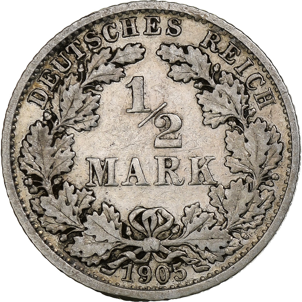 GERMANY - EMPIRE, 1/2 Mark, 1905, Stuttgart, Silver, EF(40-45)