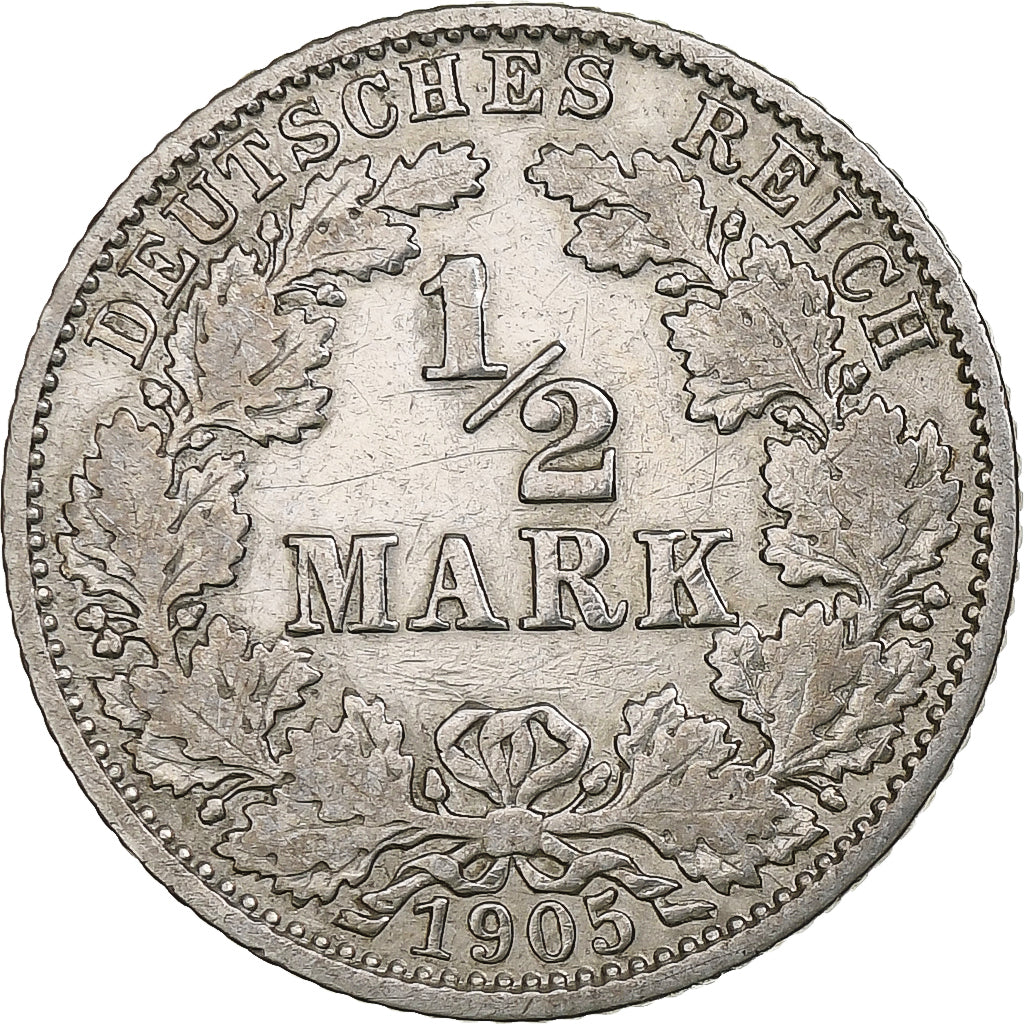 Coin, GERMANY - EMPIRE, 1/2 Mark, 1905, Karlsruhe, VF(30-35), Silver, KM:17