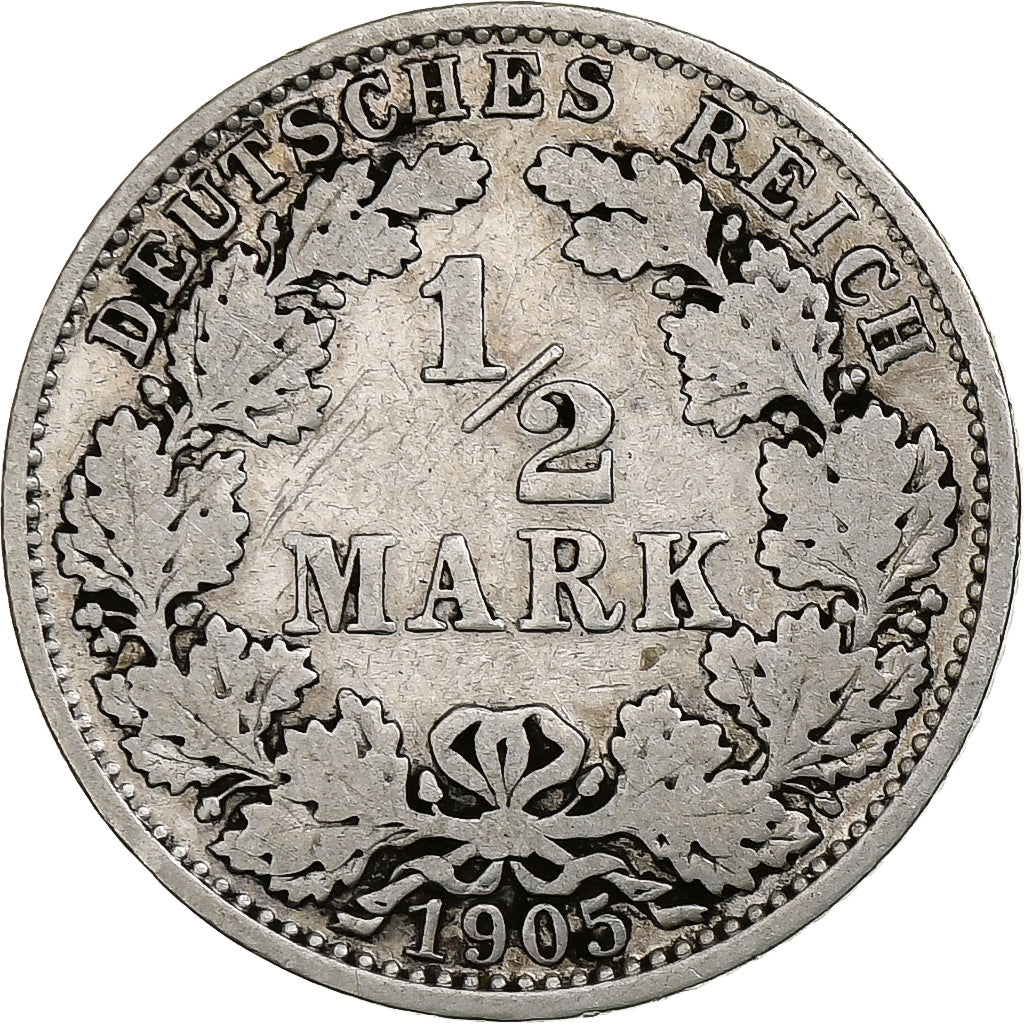GERMANY - EMPIRE, 1/2 Mark, 1905, Berlin, Silver, EF(40-45), KM:17