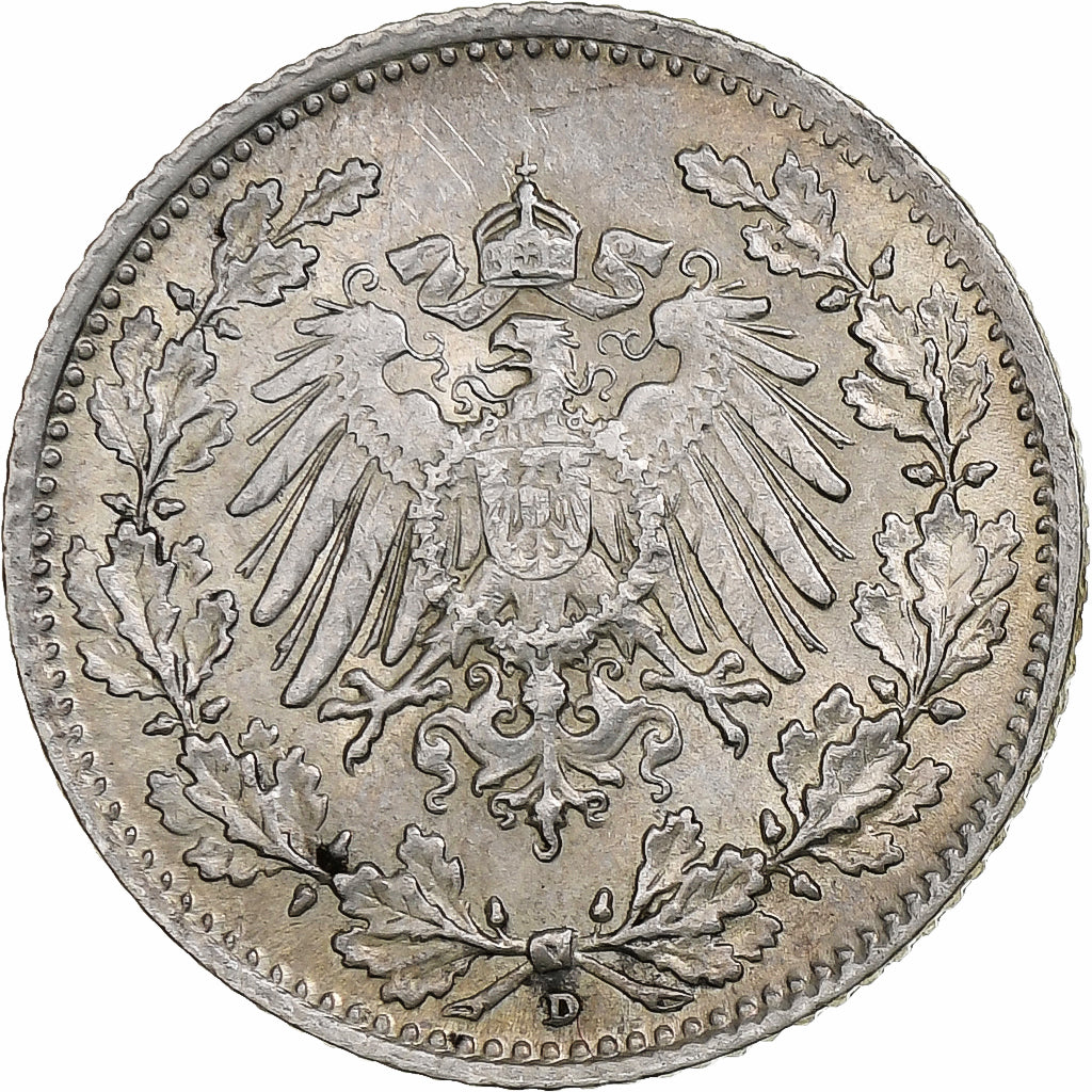 GERMANY - EMPIRE, 1/2 Mark, 1915, Munich, Silver, EF(40-45), KM:17