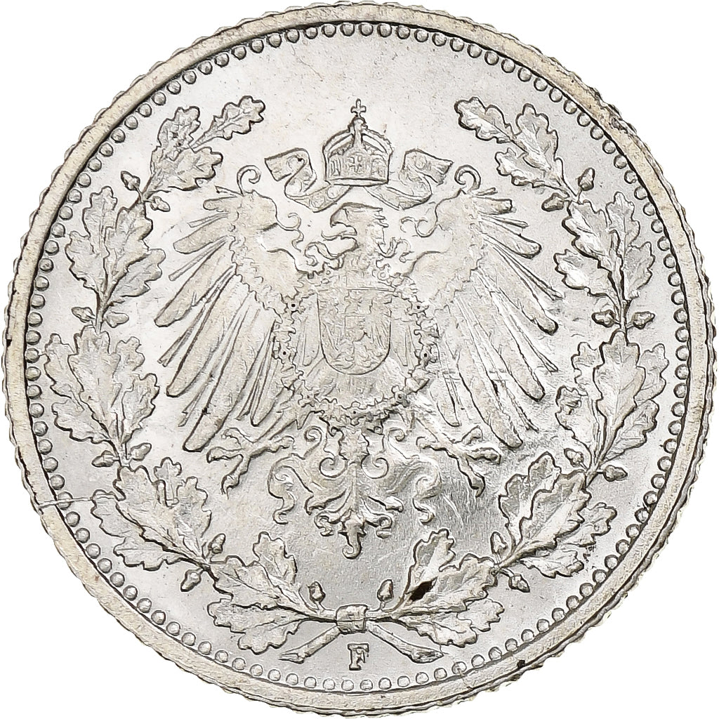 GERMANY - EMPIRE, 1/2 Mark, 1915, Stuttgart, Silver, AU(55-58), KM:17
