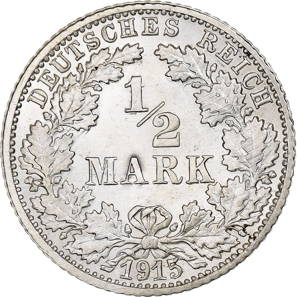 GERMANY - EMPIRE, 1/2 Mark, 1915, Stuttgart, Silver, AU(55-58), KM:17