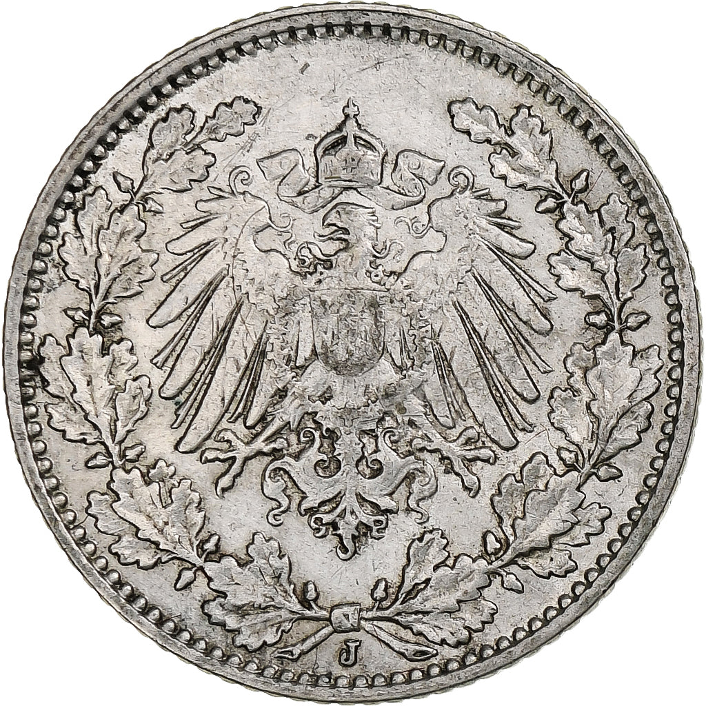 Coin, GERMANY - EMPIRE, 1/2 Mark, 1915, Hambourg, EF(40-45), Silver, KM:17