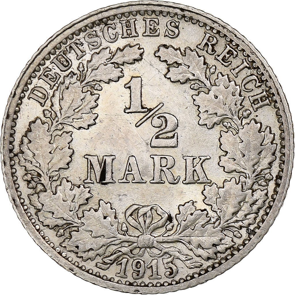 GERMANY - EMPIRE, 1/2 Mark, 1915, Stuttgart, Silver, AU(50-53), KM:17