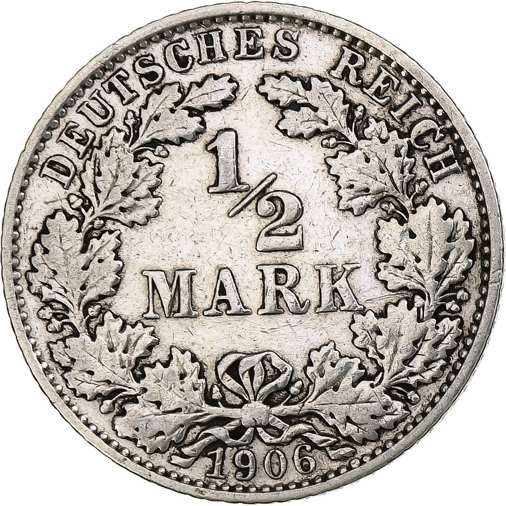 GERMANY - EMPIRE, 1/2 Mark, 1906, Muldenhütten, Silver, VF(30-35), KM:17