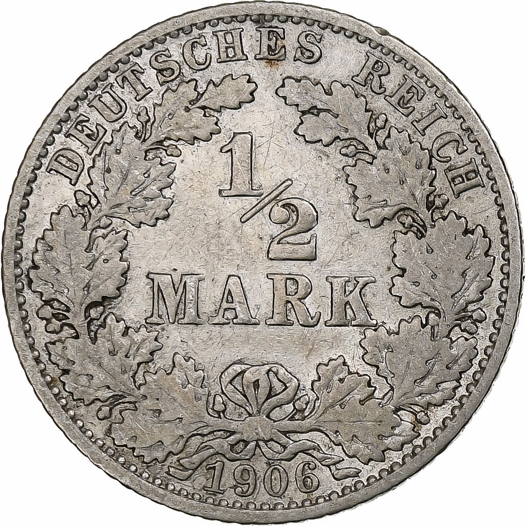 GERMANY - EMPIRE, 1/2 Mark, 1906, Muldenhütten, Silver, VF(30-35), KM:17