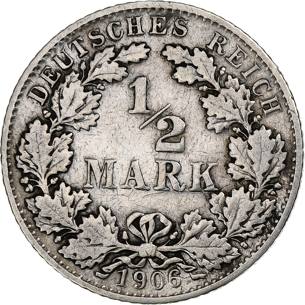 GERMANY - EMPIRE, 1/2 Mark, 1906, Munich, Silver, VF(30-35), KM:17