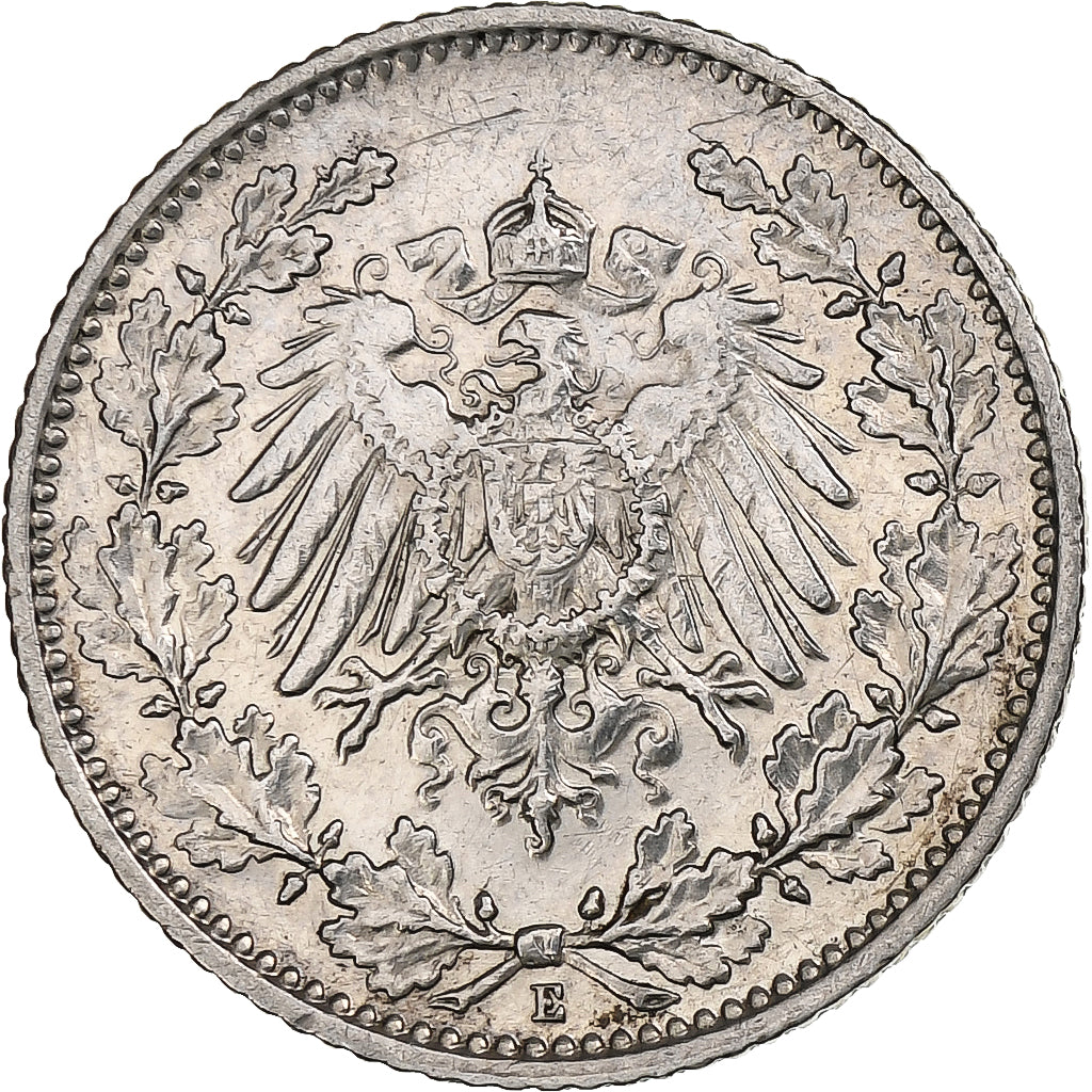 NIEMCY - IMPERIUM, 1/2 Mark, 1906, Muldenhütten, Srebro, AU(50-53), KM:17