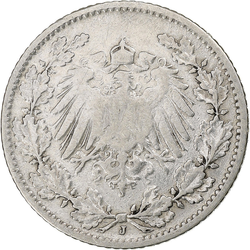 NIEMCY - IMPERIUM, 1/2 Mark, 1906, Hambourg, Srebro, VF(30-35), KM:17