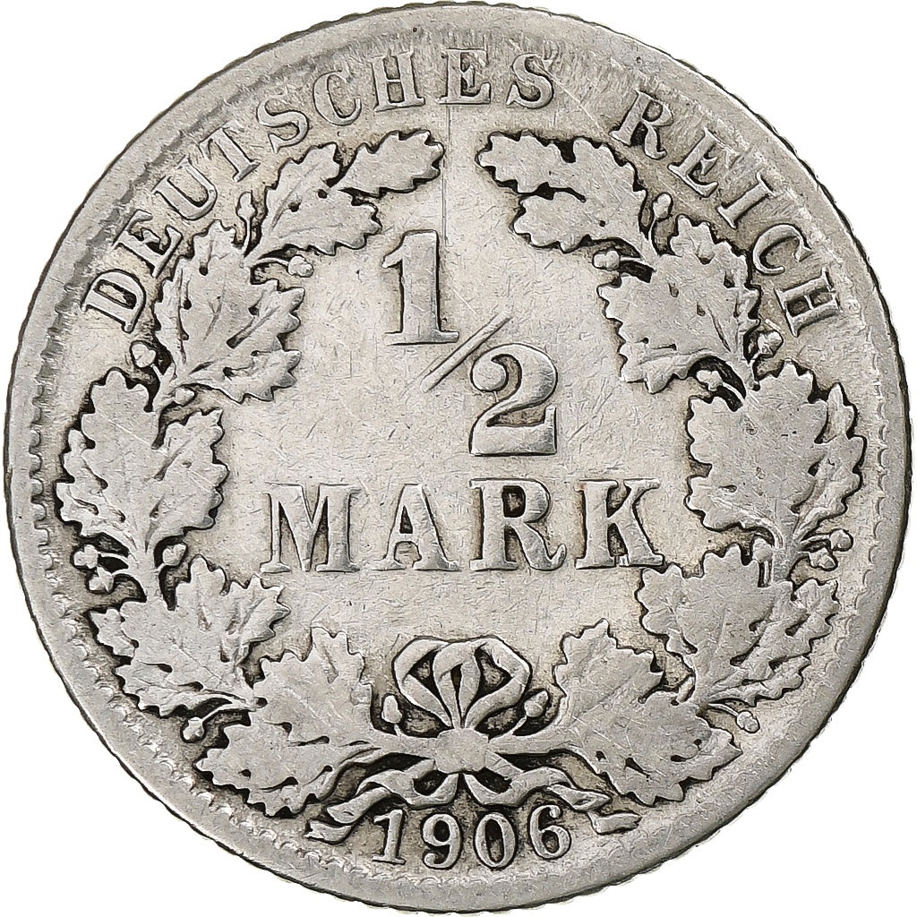 NIEMCY - IMPERIUM, 1/2 Mark, 1906, Hambourg, Srebro, VF(30-35), KM:17