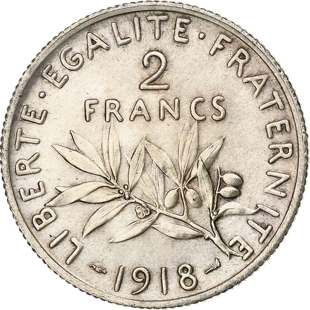 France, 2 Francs, Semeuse, 1918, Paris, Silver, MS(60-62), Gadoury:532, KM:845.1