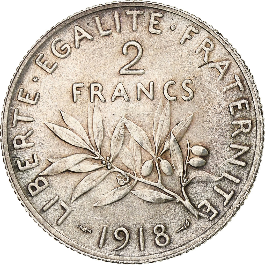 France, 2 Francs, Semeuse, 1918, Paris, Silver, MS(60-62), Gadoury:532, KM:845.1