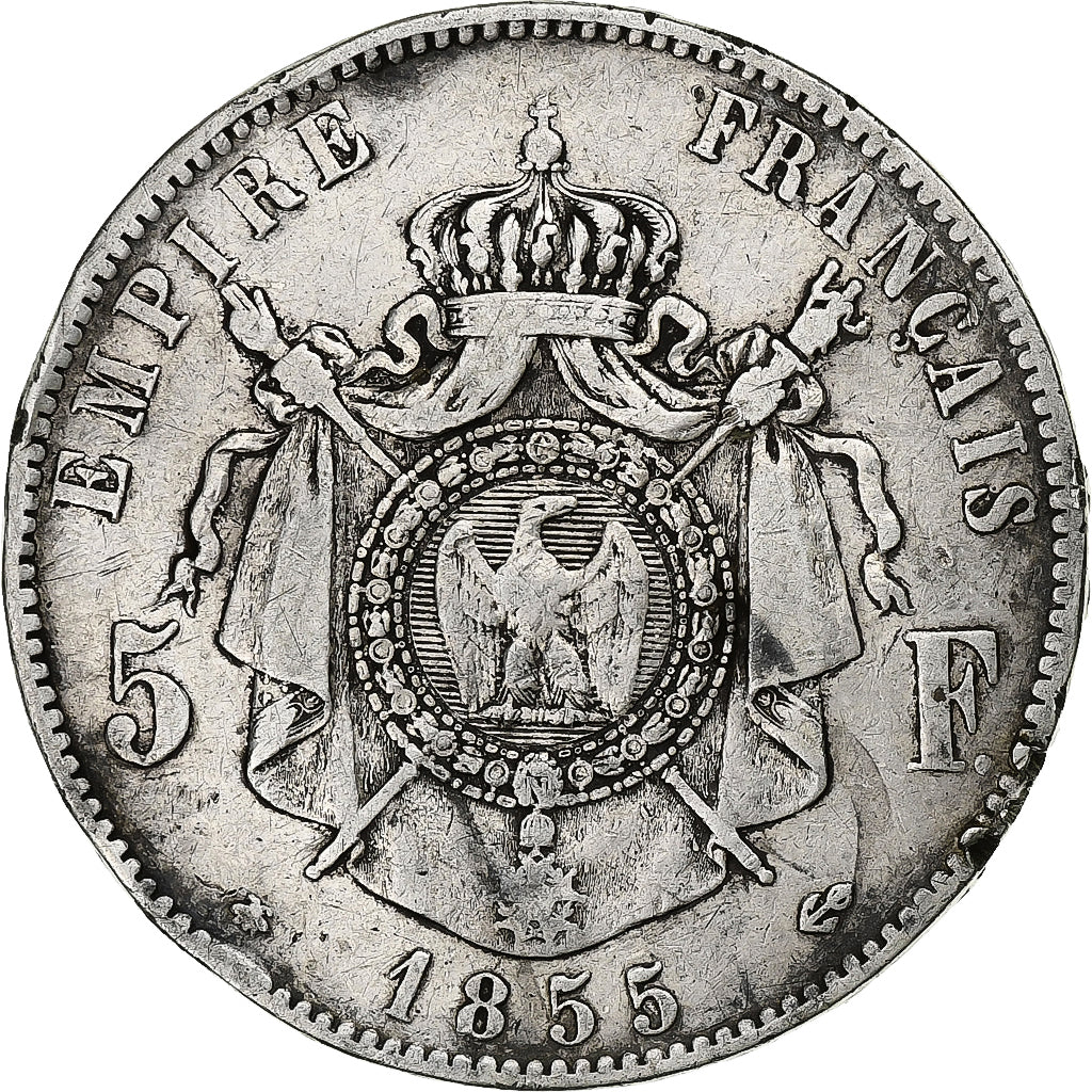 France, Napoleon III, 5 Francs, Napoléon III, 1855, Strasbourg, Silver