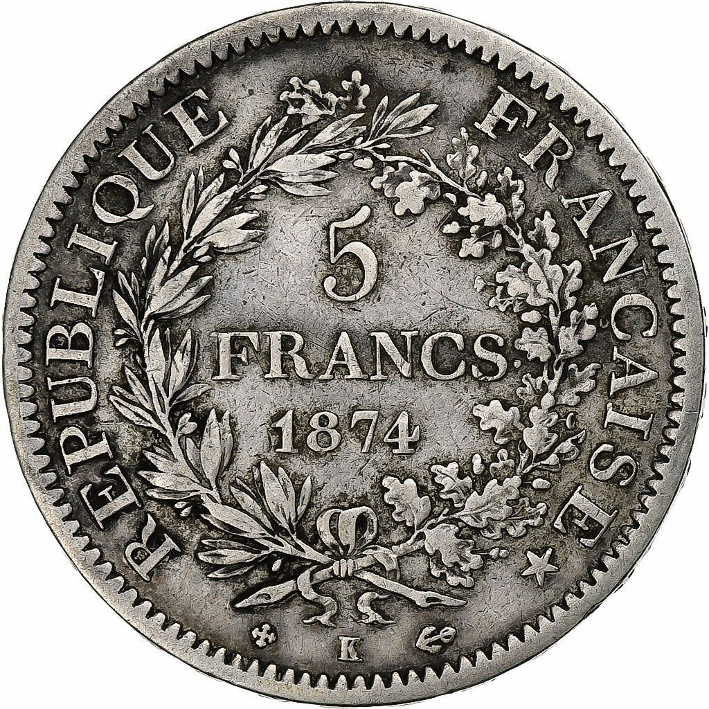 Francia, 5 Francs, Hercule, 1874, Bordeaux, Argento, MB+, Gadoury:745a, KM:820.1