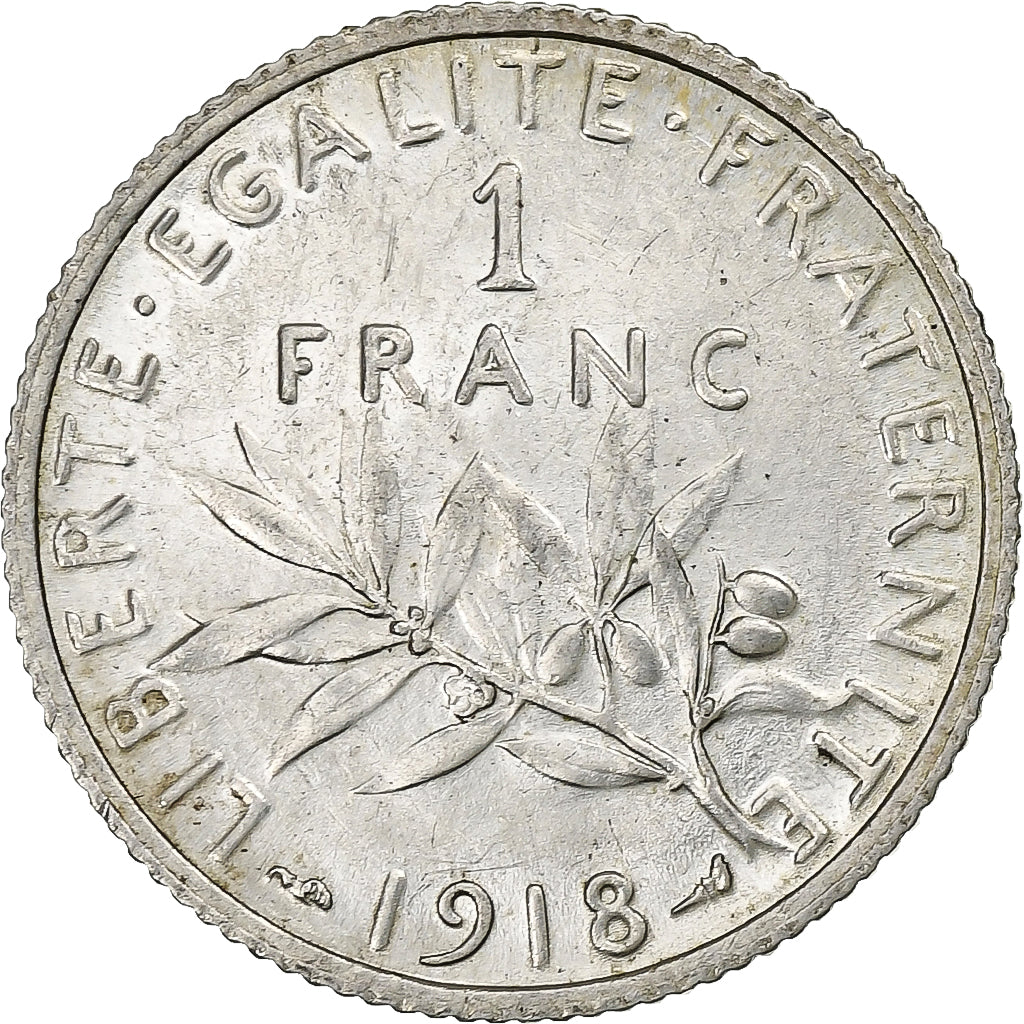 France, Semeuse, Franc, 1918, Paris, AU(50-53), Silver, KM:844.1, Gadoury:467