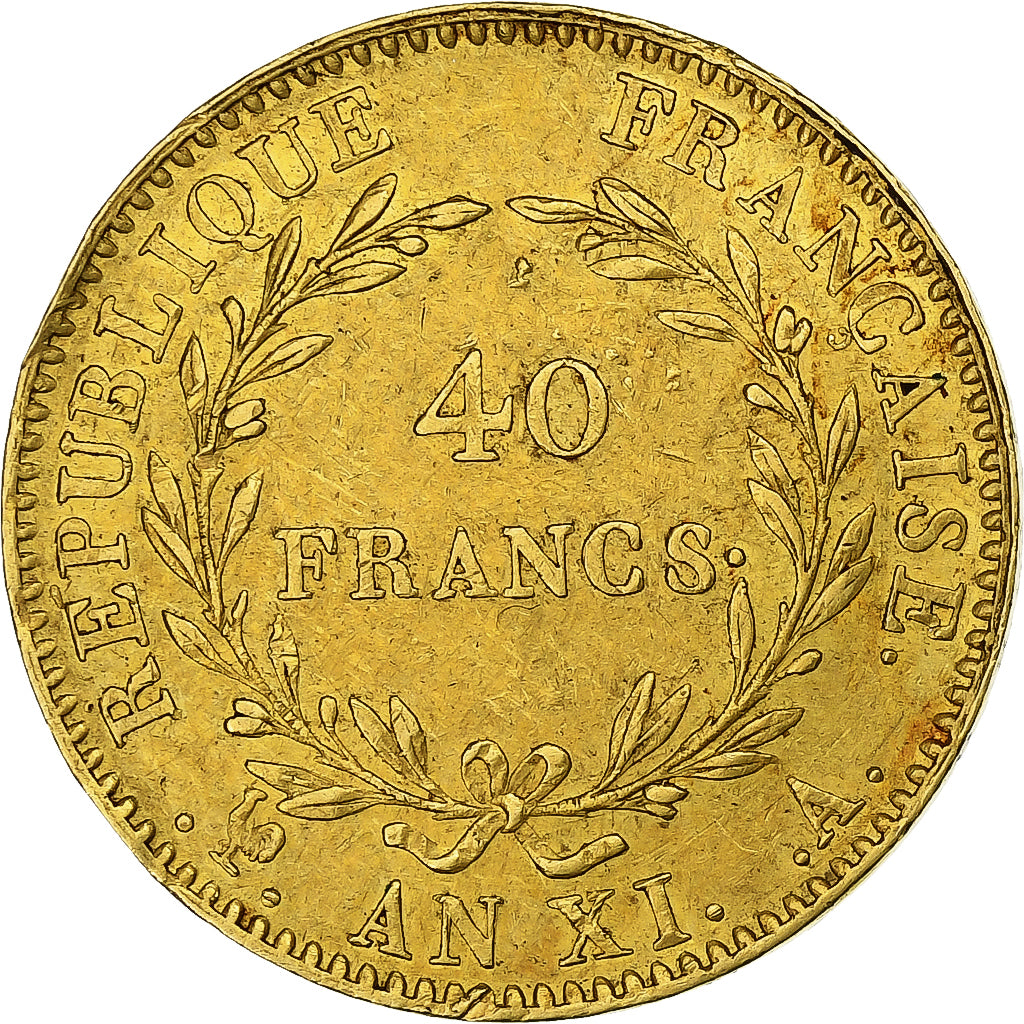 Monnaie, France, Napoleon I, 40 Francs, An XI, Paris, Sans olive, TTB+, Or