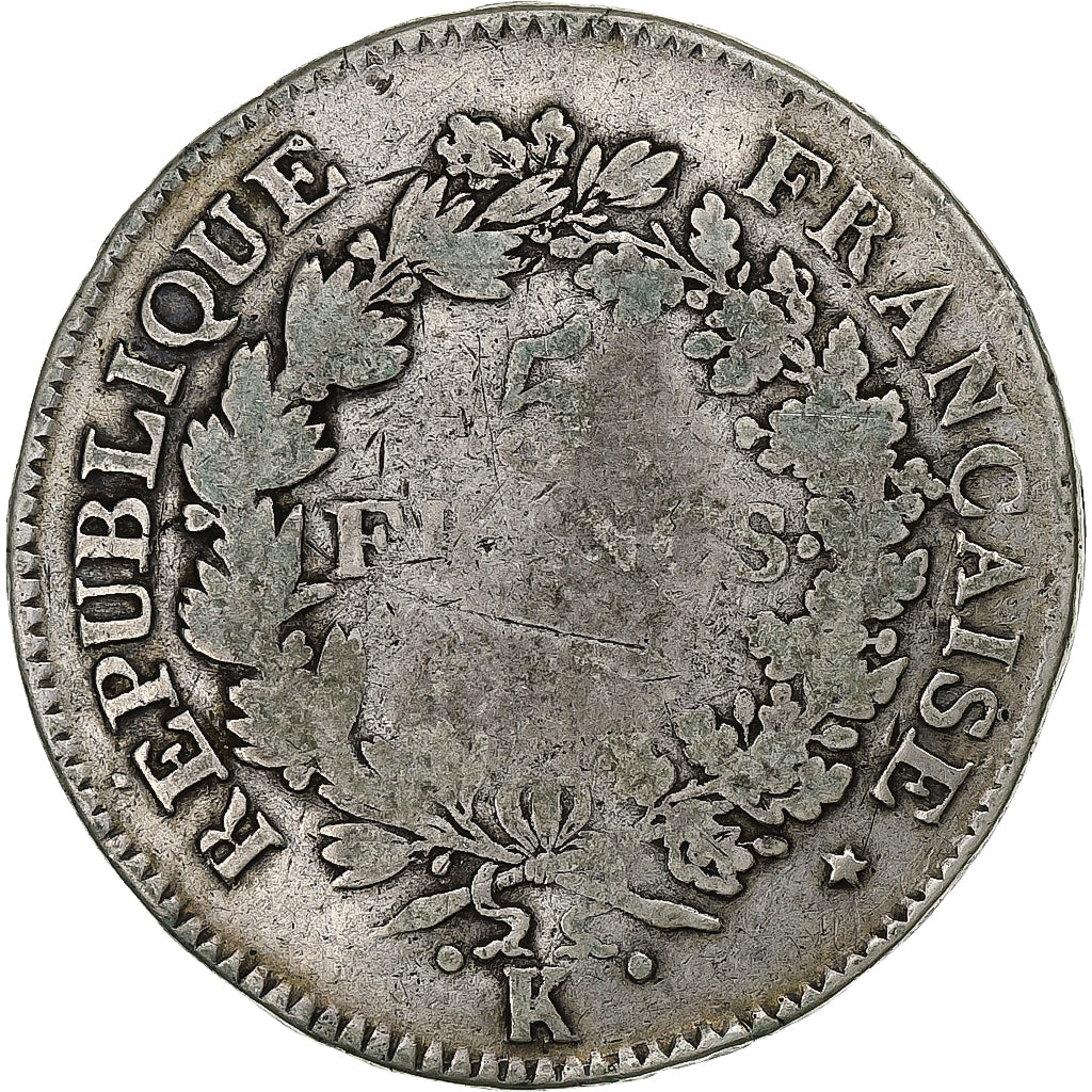 Francia, 5 Francs, Union et Force, AN 9, Bordeaux, Argento, B+, KM:639.5