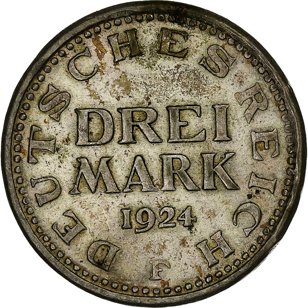 ALEMANHA, REPÚBLICA DE WEIMAR, 3 Mark, 1924, Stuttgart, Prata, EF(40-45), KM:43