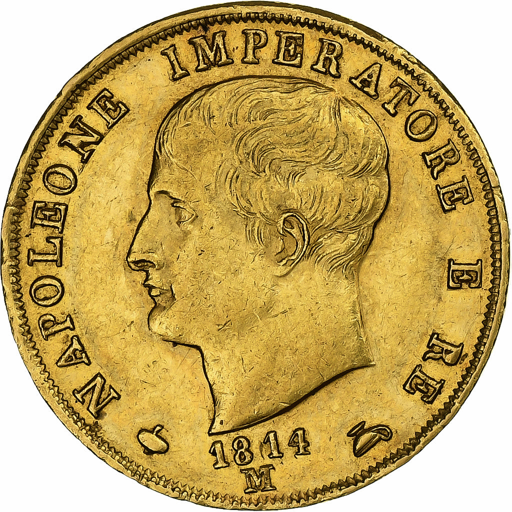 ITALIAN STATES, Napoleon I, 40 Lire,Gold, 1814,Milan,AU(50-53),KM 12