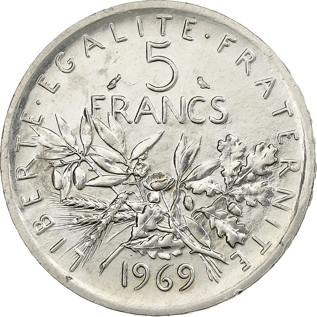 Francja, 5 Francs, Semeuse, 1969, Paris, Srebro, MS(60-62), Gadoury:770, KM:926