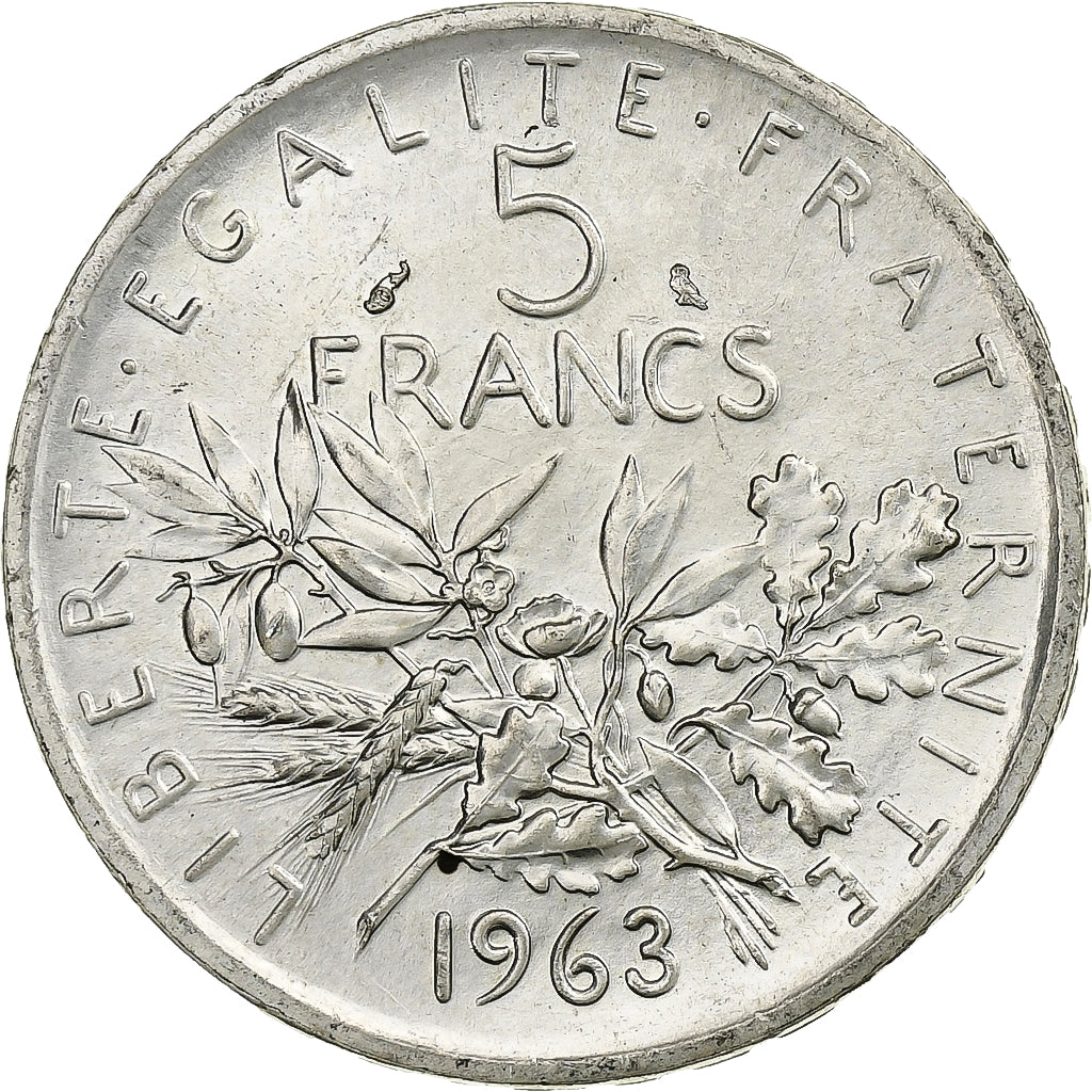 Moneda, Francia, Semeuse, 5 Francs, 1963, Paris, EBC+, Plata, KM:926
