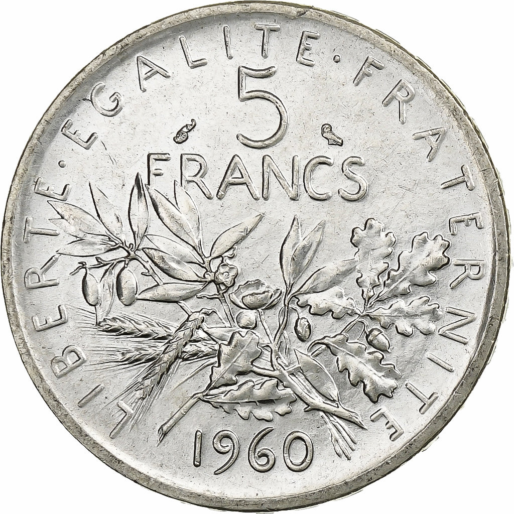 Munten, Frankrijk, Semeuse, 5 Francs, 1960, PR+, Zilver, KM:926, Gadoury:770