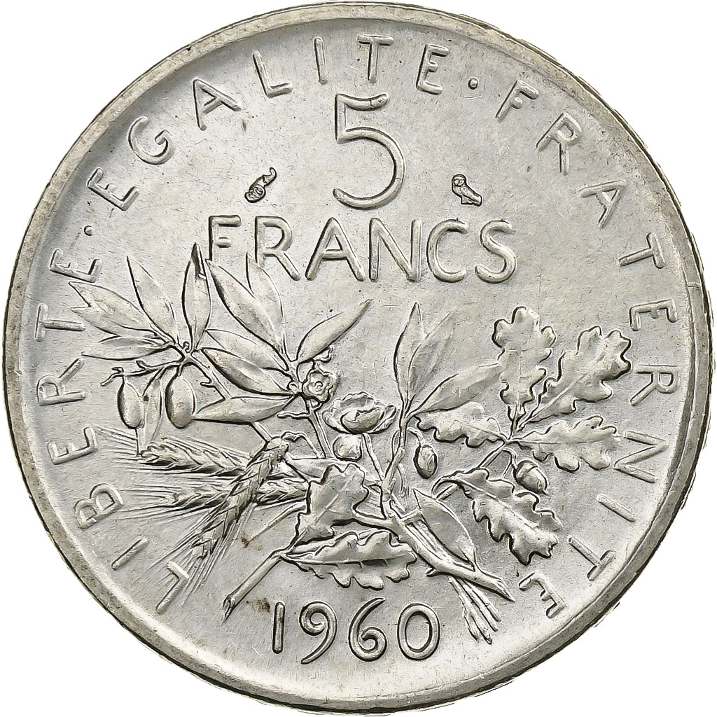 Munten, Frankrijk, Semeuse, 5 Francs, 1960, PR+, Zilver, KM:926, Gadoury:770