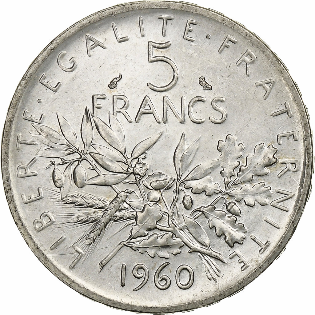 Munten, Frankrijk, Semeuse, 5 Francs, 1960, PR+, Zilver, KM:926, Gadoury:770