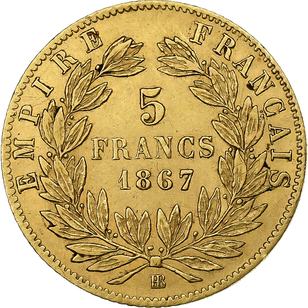 França, Napoleon III, 5 Francs, 1867, Strasbourg, Dourado, EF(40-45)
