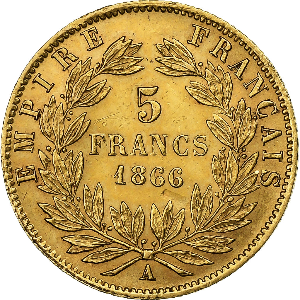 France, Napoleon III, 5 Francs, 1866, Paris, AU(50-53), Gold, KM:803.1