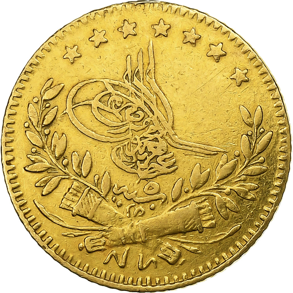 Turquia, Abdul Aziz, 25 Kurush, 1870, Qustantiniyah, Dourado, AU(50-53), KM:694