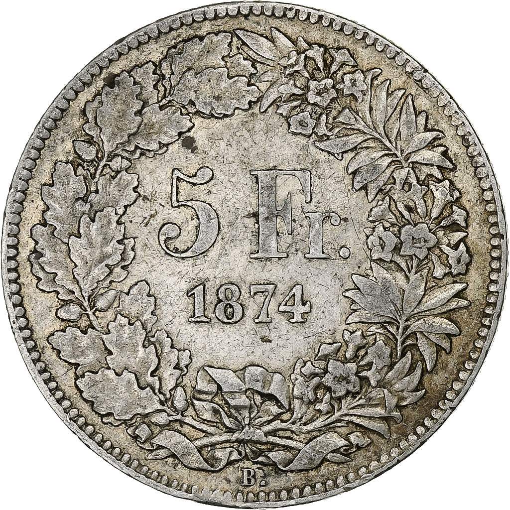 Suisse, 5 Francs, Helvetia, 1874, Bruxelles, Argent, TB+, KM:11
