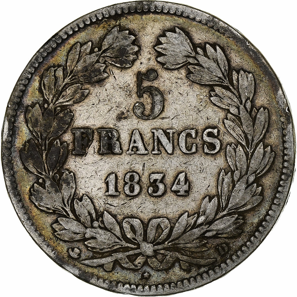 Moneta, Francia, Louis-Philippe, 5 Francs, 1834, Lyon, MB+, Argento, KM:749.4